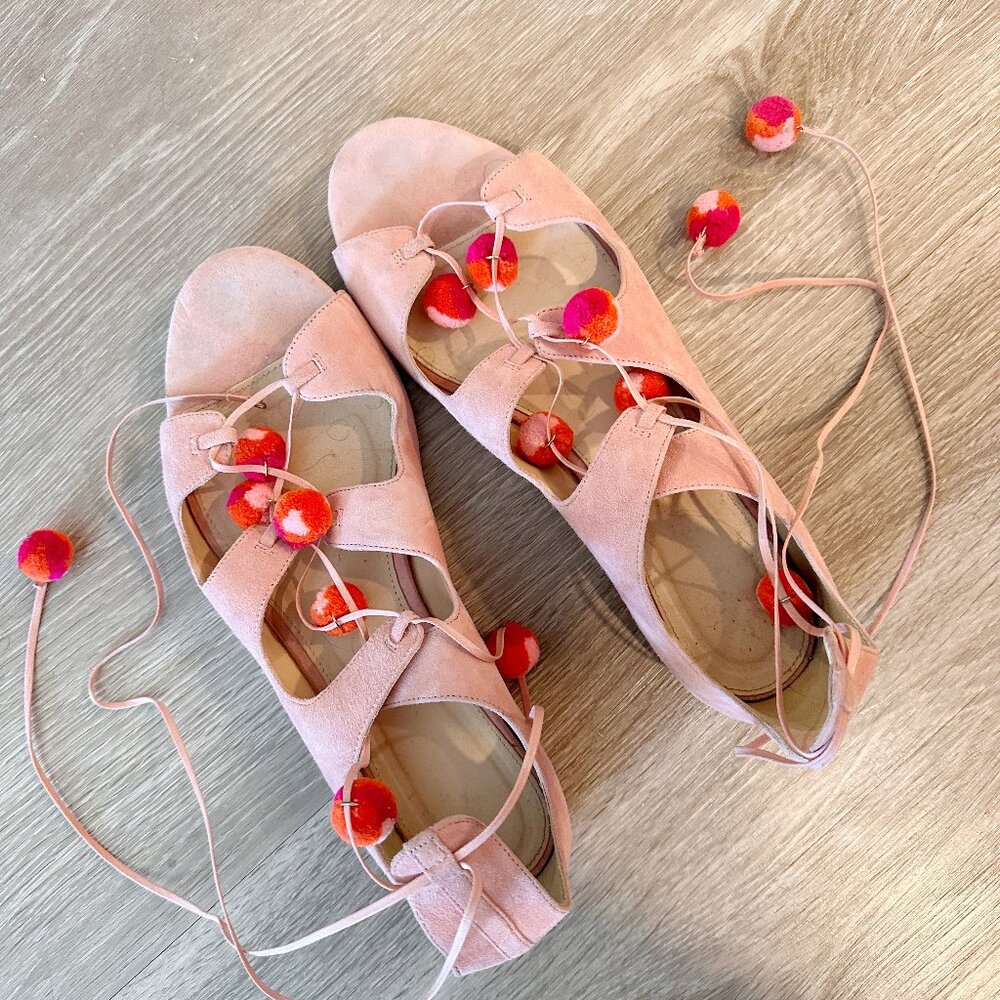 Pink Pompom Tie-up Sandals